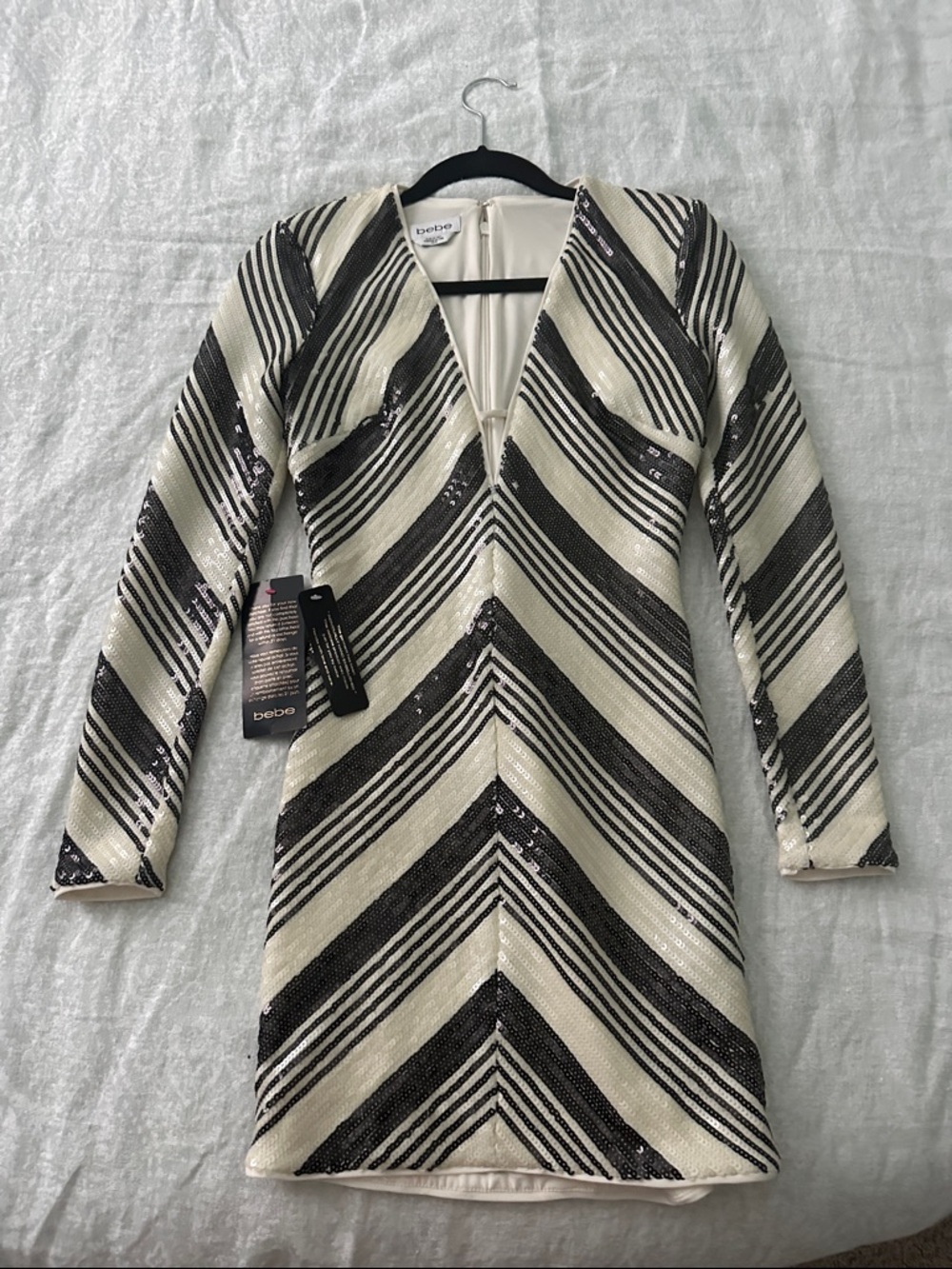 bebe Black & Cream Striped Sequin V-Neck Long Sleeve Mini Dress